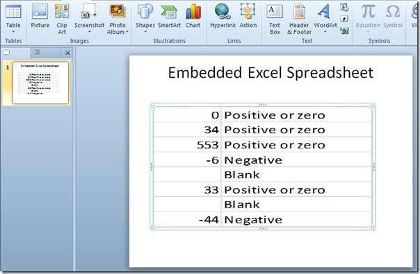 تضمين جدول بيانات Excel في PowerPoint 2010