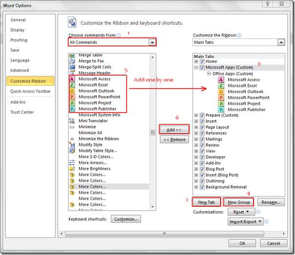 Word 2010 から Office 2010 アプリケーションをクイック起動する