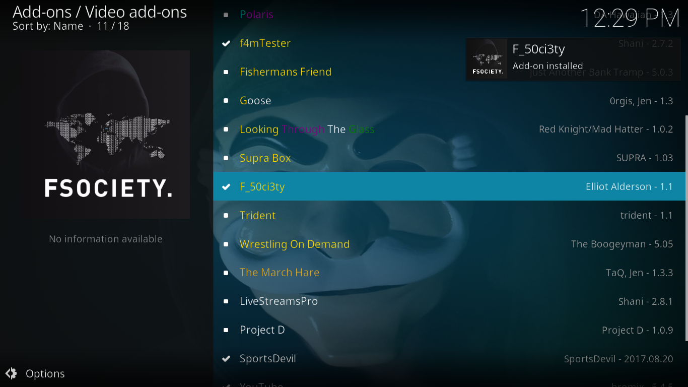 KodiのF_50ci3ty（Fsociety）アドオン - インストールと機能