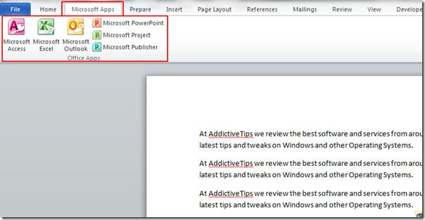 Word 2010 から Office 2010 アプリケーションをクイック起動する