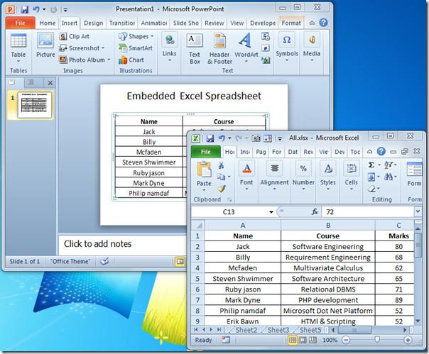 تضمين جدول بيانات Excel في PowerPoint 2010