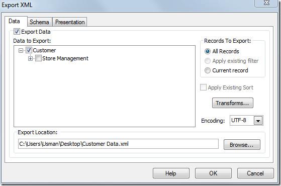 Access 2010 テーブルを XML データ ファイルにエクスポートする
