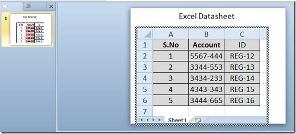 تضمين جدول بيانات Excel في PowerPoint 2010