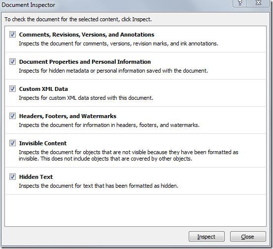 Word文書から非表示のメタデータと要素を削除する
