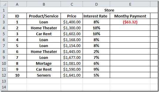 Funcția PMT (Plată) din Excel 2010