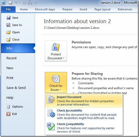 Word文書から非表示のメタデータと要素を削除する