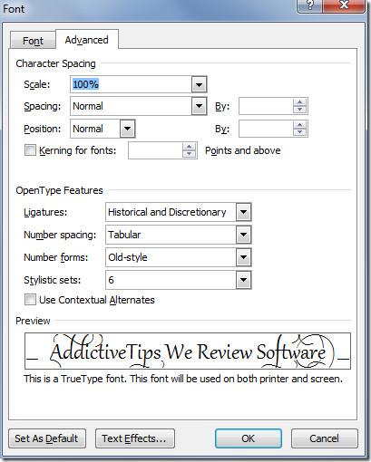 Word 2010でフォントスタイルセットと合字を適用する Word 2010でフォントスタイルセットと合字を適用する