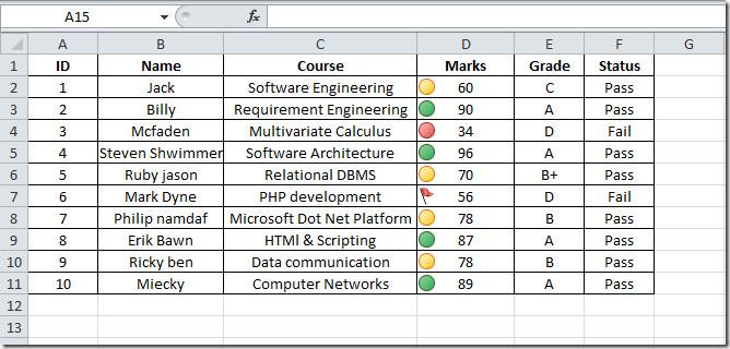 Zestawy ikon programu Excel 2010