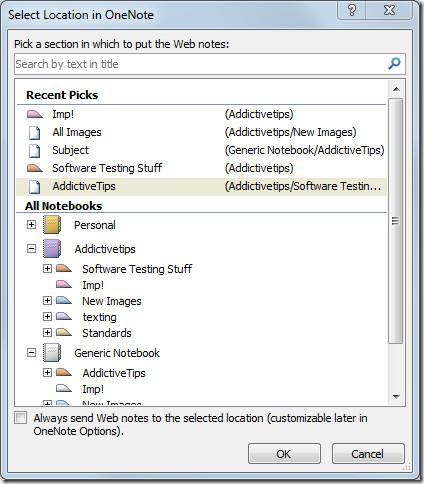 ส่งไปยังการรวมเว็บเบราว์เซอร์ OneNote 2010