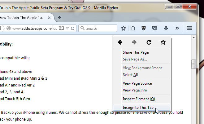 ワンクリックで現在のFirefoxタブをプライベートモードで開く