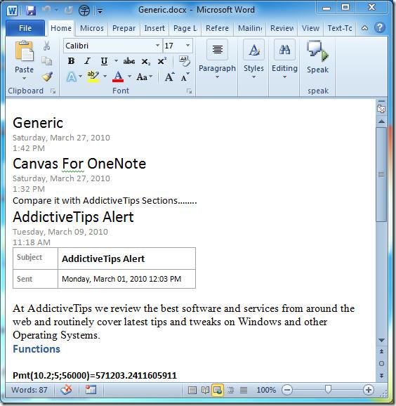 OneNote 2010 ノートブックを Doc、Docx、PDF 形式で保存する