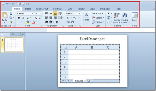 تضمين جدول بيانات Excel في PowerPoint 2010