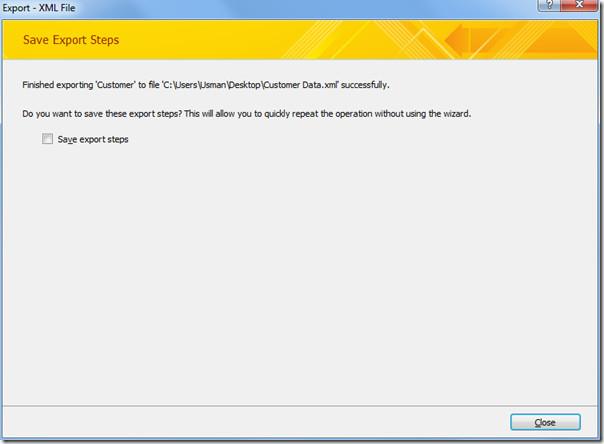 Access 2010 テーブルを XML データ ファイルにエクスポートする
