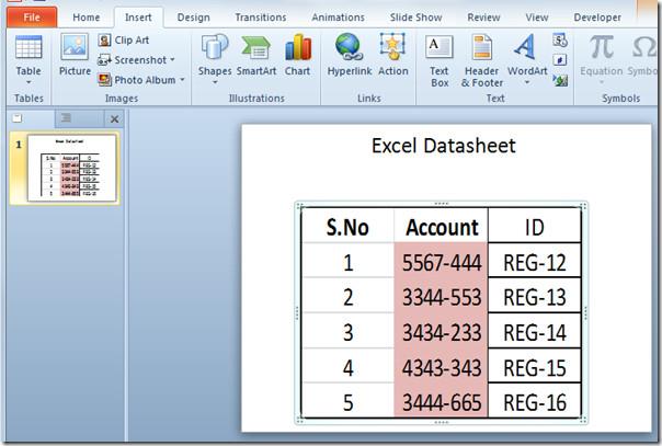 تضمين جدول بيانات Excel في PowerPoint 2010