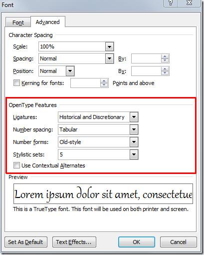 Word 2010でフォントスタイルセットと合字を適用する Word 2010でフォントスタイルセットと合字を適用する
