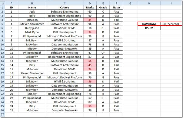 Funcții ale bazei de date Excel: DAVERAGE și DSUM